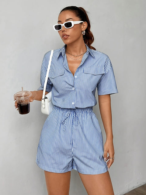 Gestreifter Polyester-Jumpsuit für Damen – Kurze Ärmel und Kragen für Sommeroutfits