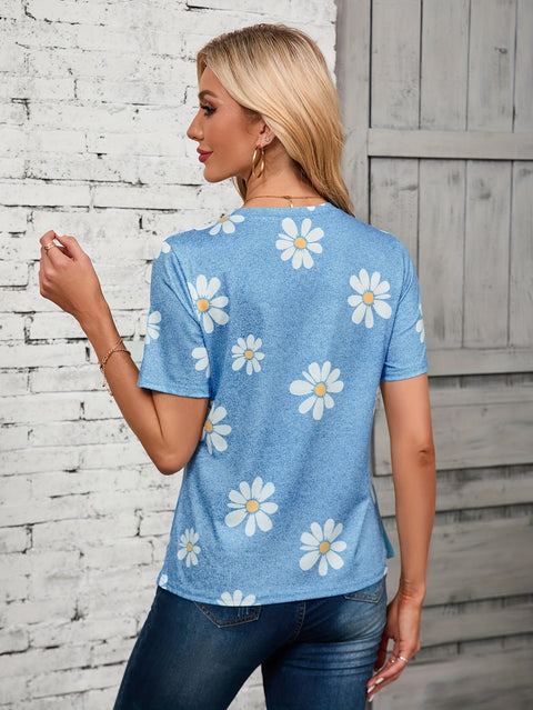Madeliefchen Blumenmuster Crewneck T-Shirt – Lässig und Atmungsaktiv für Frühling und Sommer