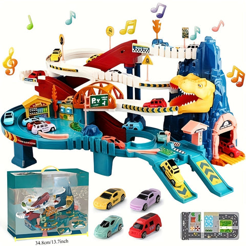 DinoRace Abenteuer Spielset - Spannende Rennbahn mit Dinosauriern und Fahrzeugen für Kinder