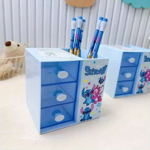 Disney Stitch Cartoon 3-Fächer Aufbewahrungsbox – Multifunktionale Organizer für Schreibtisch, Schmuck und Spielzeug