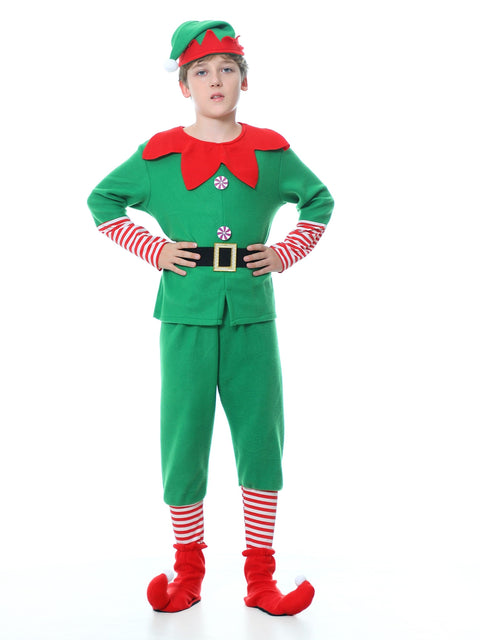Lustiges Weihnachts-Elfen-Outfit für Kinder - Komplett mit Hut, Oberteil, Hose und Schuhüberzügen