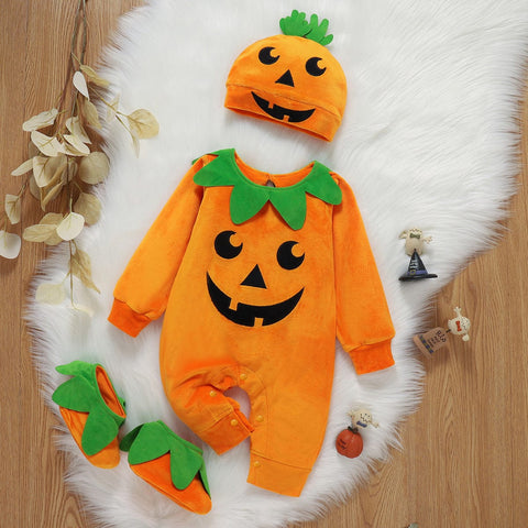 Halloween Kürbis Outfit - Niedlicher Overall mit Mütze und Hausschuhen