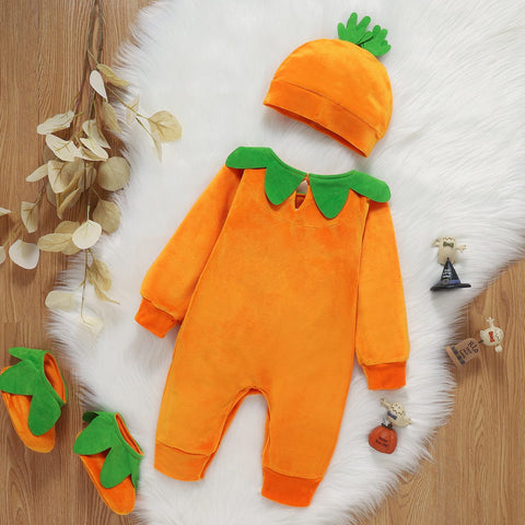 Halloween Kürbis Outfit - Niedlicher Overall mit Mütze und Hausschuhen