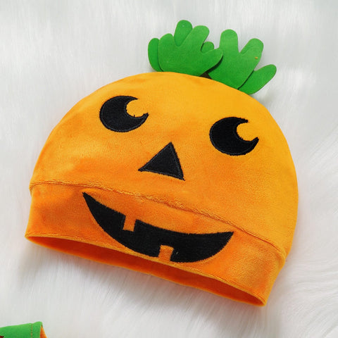 Halloween Kürbis Outfit - Niedlicher Overall mit Mütze und Hausschuhen