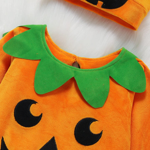 Halloween Kürbis Outfit - Niedlicher Overall mit Mütze und Hausschuhen