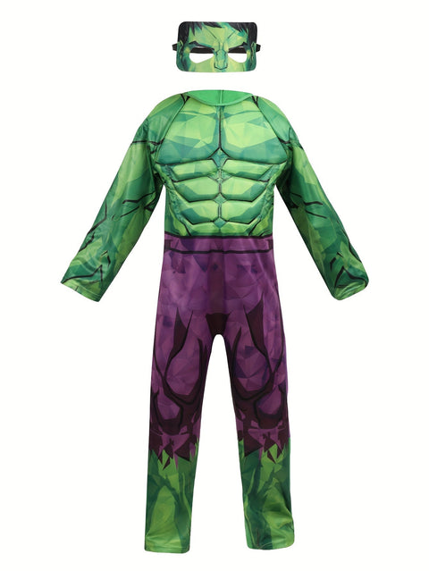 Superhelden Kostüm für Kinder – Grüner Jumpsuit mit Muskel-Design und Maske