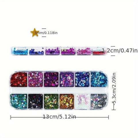 12 Farben Sterne Pailletten – Glitzer Pailletten in langer Box für DIY und Scrapbooking