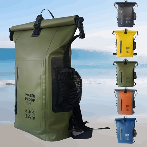 Wasserdichter 25L Roll-Top Rucksack mit mehreren Fächern, robuster Schnallenversiegelung und Netz-Seitentasche