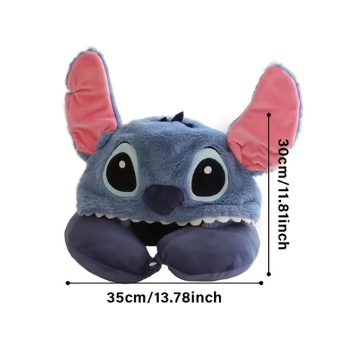 Plüsch Stitch Reisnackkissen mit Kapuze - Komfortables U-förmiges Kissen mit Ohrenschützern