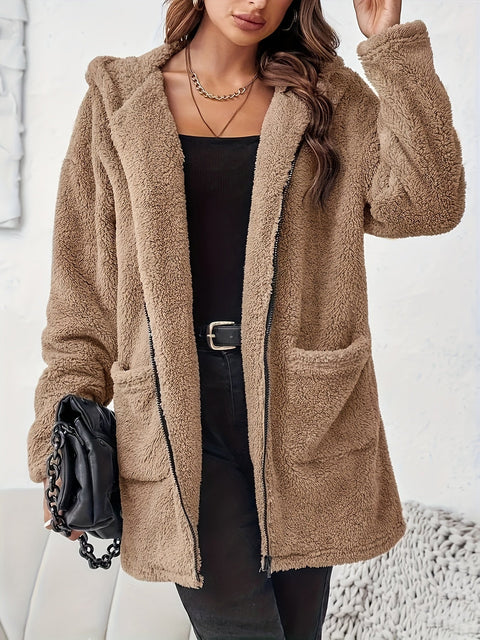 Weicher Plüsch Winterjacke mit Reißverschluss und Taschen - Warme und Bequeme Jacke für Kalte Tage