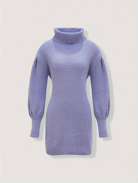 Elegantes Turtleneck Pullover-Kleid – Rippenstruktur und Laternenärmel für einen stilvollen Look