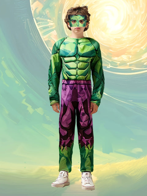 Superhelden Kostüm für Kinder – Grüner Jumpsuit mit Muskel-Design und Maske