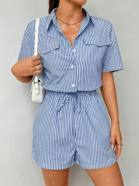 Gestreifter Polyester-Jumpsuit für Damen – Kurze Ärmel und Kragen für Sommeroutfits