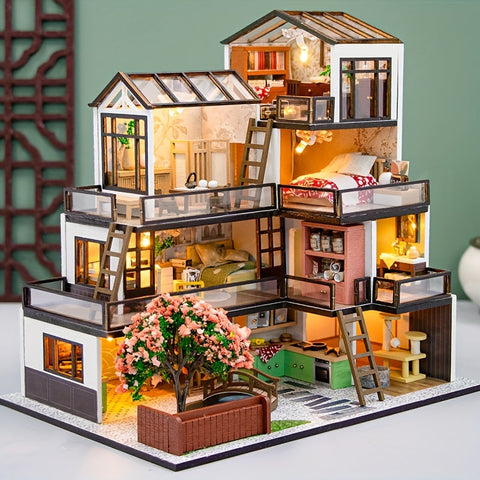 Miniatur Villa 3D Puzzle Kit – Handgefertigtes Modell mit LED Beleuchtung und Detaillierter Innenausstattung