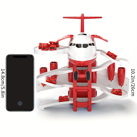 AdventurePlay Flugzeug & Feuerwehrfahrzeuge Spielset - Rennbahn und Garage für Kinder