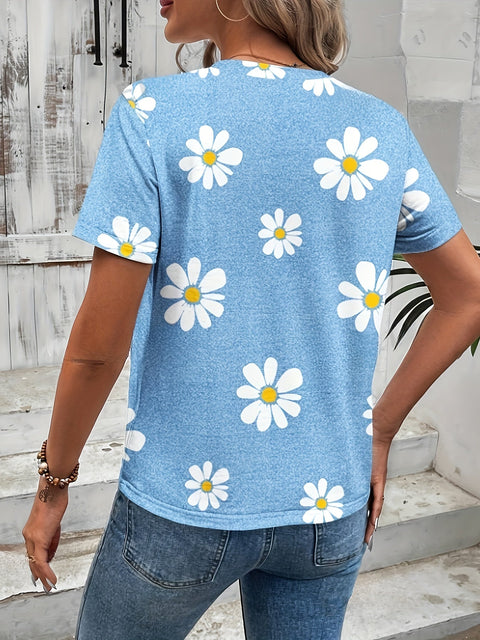 Madeliefchen Blumenmuster Crewneck T-Shirt – Lässig und Atmungsaktiv für Frühling und Sommer