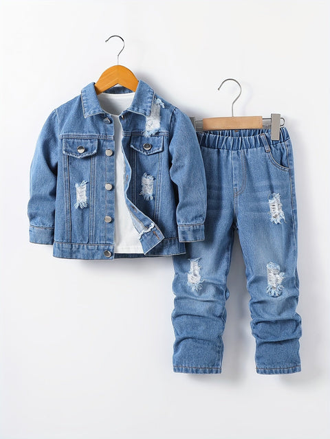 Lässige Ripped Denim Jacke und Hose Set – Perfekt für Abenteurer-Jungen