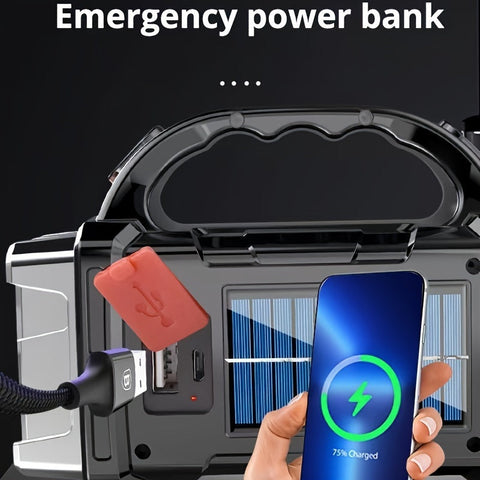 Superhelle LED Suchlampe – Wiederaufladbare Powerbank mit USB und Solarenergie für Outdoor-Abenteuer