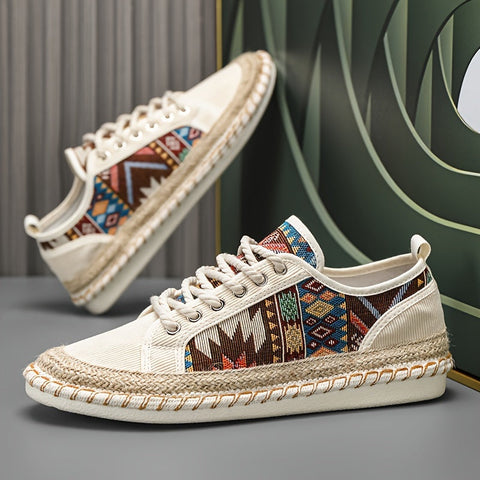 Boho Espadrille Sneakers für Herren – Atmungsaktives Canvas mit Bunt Gesticktem Design