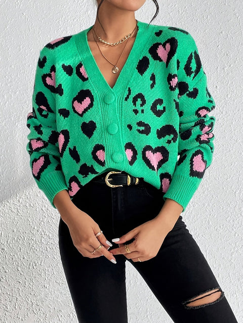 Damen Leopard Print Love Cardigan – Fröhlich und Bequem für Frühling und Herbst