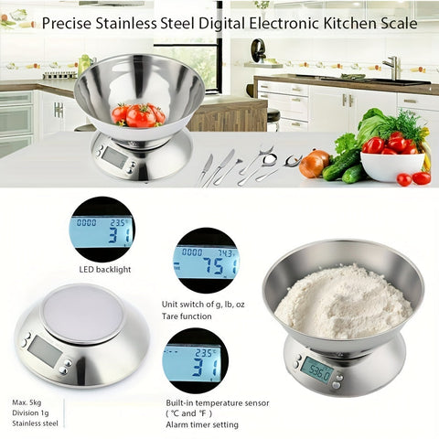 Digitale Küchenwaage mit Edelstahl-Waagschale – Präzision mit Temperatursensor und Timer-Funktion zum Backen und Kochen