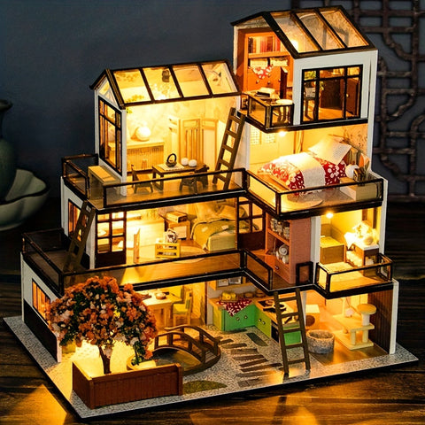 Miniatur Villa 3D Puzzle Kit – Handgefertigtes Modell mit LED Beleuchtung und Detaillierter Innenausstattung