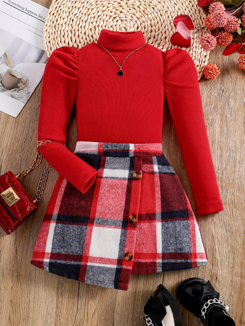 Feline Elegante Turtleneck Outfit für Kinder - Karierte Rock und Pullover Set