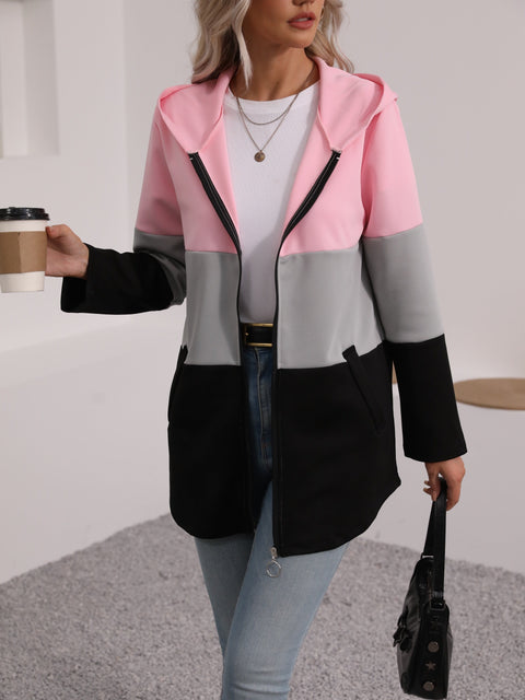 Farbblock Zip-Up Kapuzenjacke – Stilvoll und Komfortabel für Freizeitoutfits