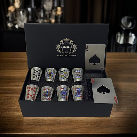 Königliche Spielkarten Whiskey Glas Set – Edelstahl & Flaschenöffner