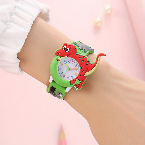 Dinosaurier Kinderuhr für Kinder - Lustiger Cartoon Tyrannosaurus Rex mit Silikonarmband