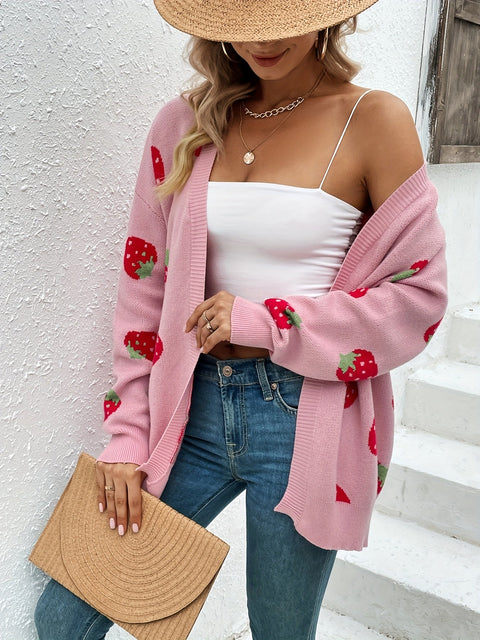 Damen Erdbeerprint Cardigan – Trendy und Komfortabel für Frühling und Herbst
