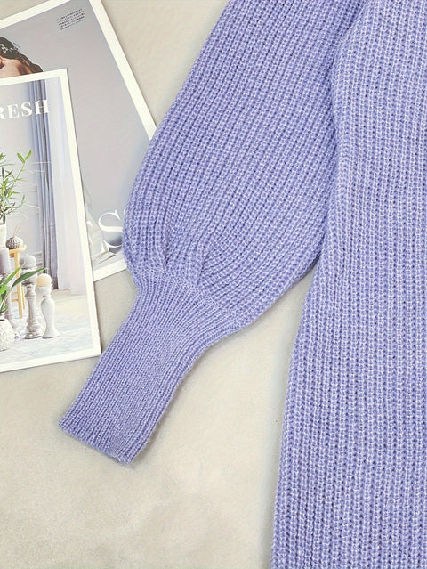 Elegantes Turtleneck Pullover-Kleid – Rippenstruktur und Laternenärmel für einen stilvollen Look