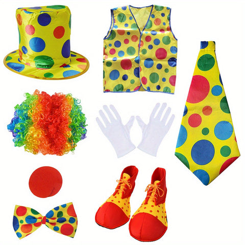 Clown Kostümset für Kinder – Komplett mit Hut, Perücke, Nase, Krawatte und mehr
