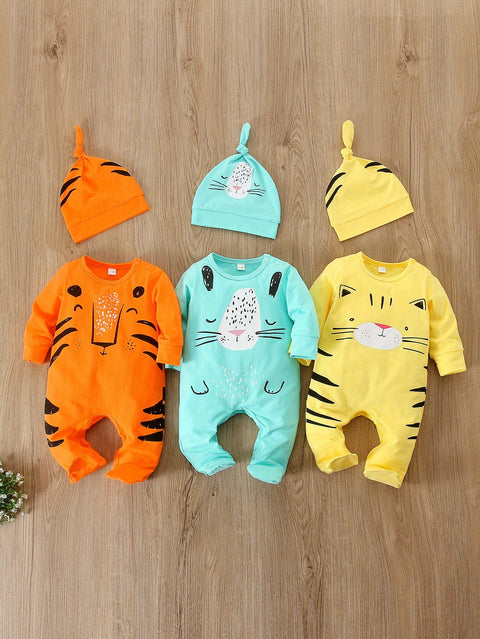 Set aus 6 Babystramplern mit Tiermotiven – Inklusive Mützen für Babyjungen