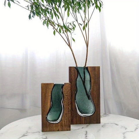 Elegante Glasvase mit Holzfuß - Stilvolle Dekoration für jeden Raum