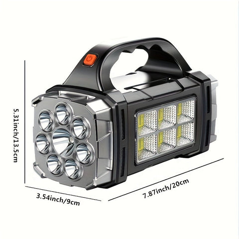 Superhelle LED Suchlampe – Wiederaufladbare Powerbank mit USB und Solarenergie für Outdoor-Abenteuer