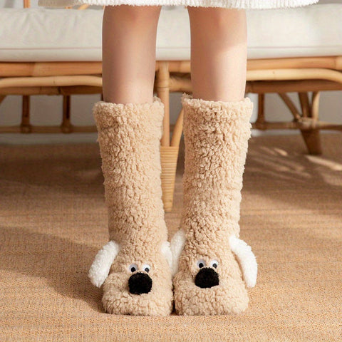 Damen Gemütliche Cartoon Hund Wintersocken - Weiche und Warme Haussocken mit Süßem Tierdesign