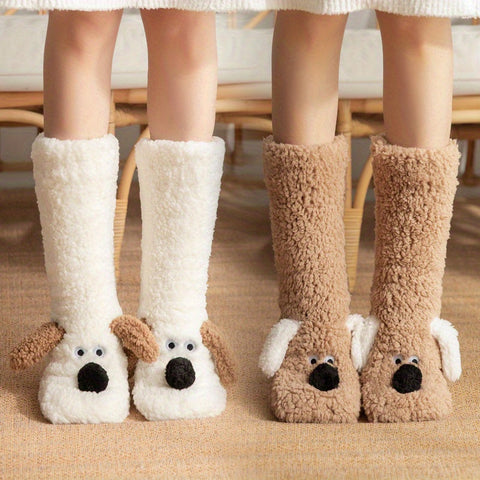 Damen Gemütliche Cartoon Hund Wintersocken - Weiche und Warme Haussocken mit Süßem Tierdesign