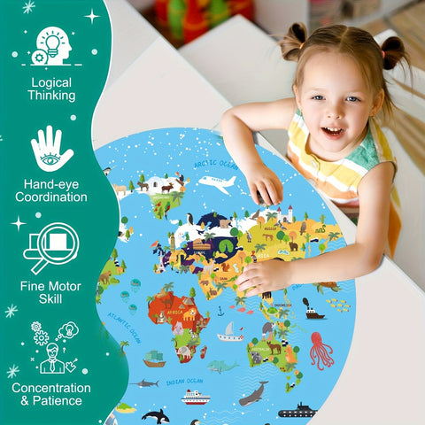 70-teilige Tierbodenpuzzle – Rundes Weltkarten-Design für Kinder