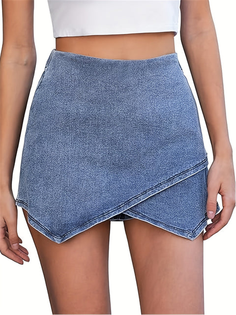 Damen Denim-Rock mit asymmetrischem Saum und Schneeflockenmuster – Rock und Shorts Kombination