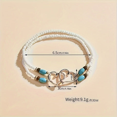 Boheemische Elastische Fußkettchen Set – Natürliche Kristalle und Doppelte Herzen