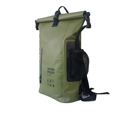 Wasserdichter 25L Roll-Top Rucksack mit mehreren Fächern, robuster Schnallenversiegelung und Netz-Seitentasche