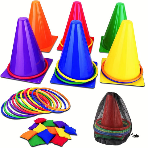 Bunte Ringwurfspiel-Set – Kegel, Ringe und Stoffbeutel für Familienvergnügen