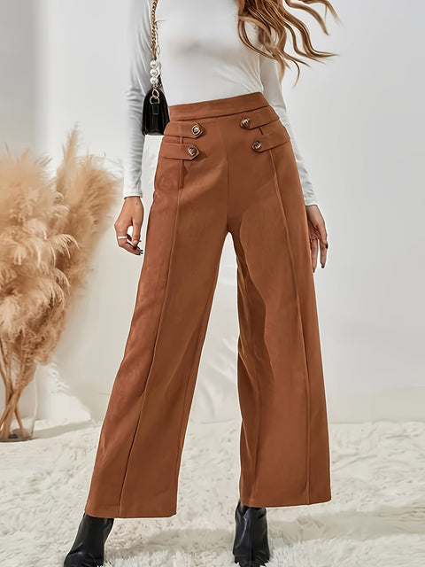Elegante Hochtaillierte Hose mit Knopfdetails – Weibliche Weite Bein Hose für Frühling und Herbst