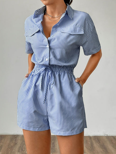 Gestreifter Polyester-Jumpsuit für Damen – Kurze Ärmel und Kragen für Sommeroutfits