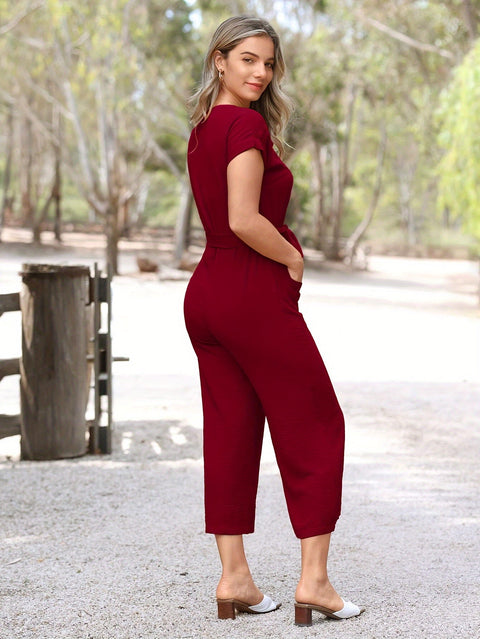 Eleganter Knoop-Front V-Ausschnitt Jumpsuit – Kurze Ärmel und Schleifenbund für Frühling und Sommer