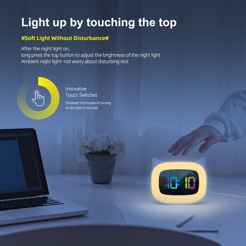 Süße Katzenohren Wecker – RGB Nachtlicht mit 18 Melodien und USB Aufladbar