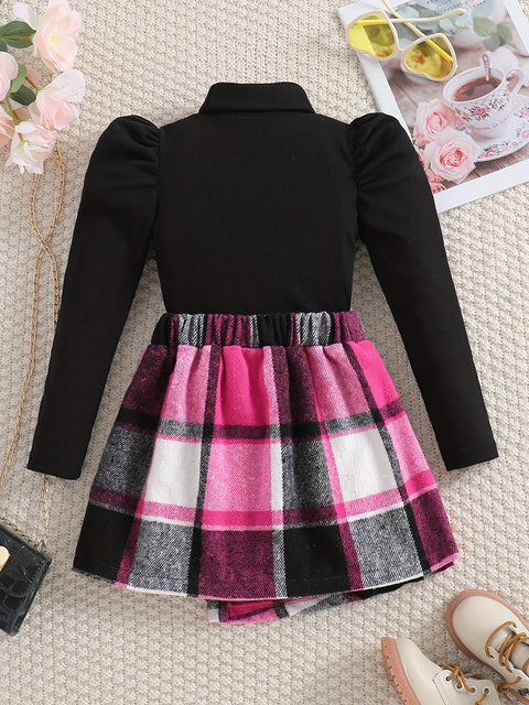 Feline Elegante Turtleneck Outfit für Kinder - Karierte Rock und Pullover Set