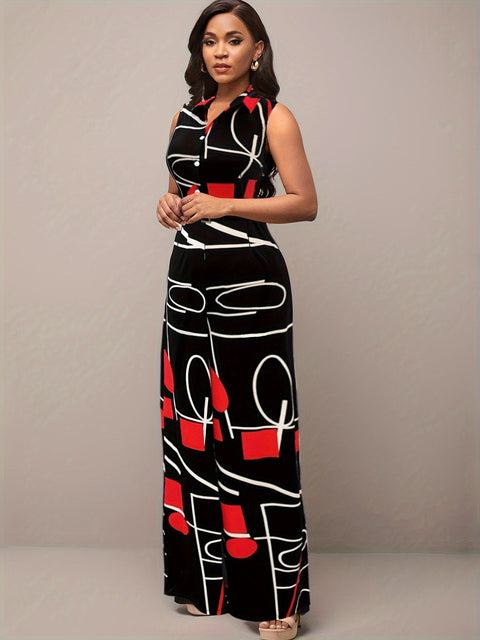 Eleganter geometrischer bedruckter Jumpsuit – Breite Hosenbeine und Gürtel für Partys und legere Kleidung