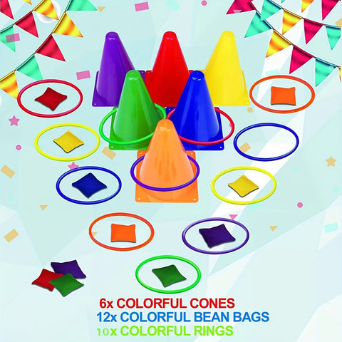 Bunte Ringwurfspiel-Set – Kegel, Ringe und Stoffbeutel für Familienvergnügen